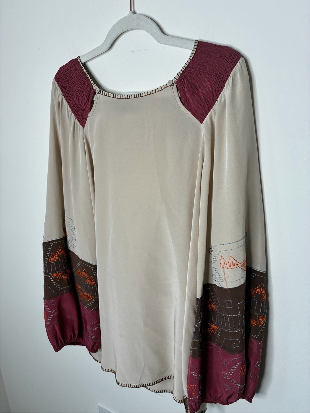 BCBGMaxAzria Boho Cream Blouse M with Blanket Stitch Burgundy & Brown Accents